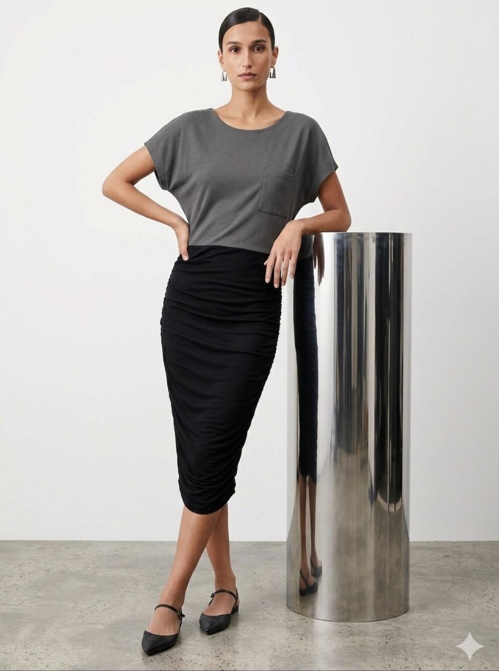 NWT ME+EM Two-Tone Ruched Mixed Media Modal Midi Dress Charcoal Black M